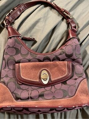 Coach Plum Signature Canvas and Suede Hobo Bag with Leather Trim
